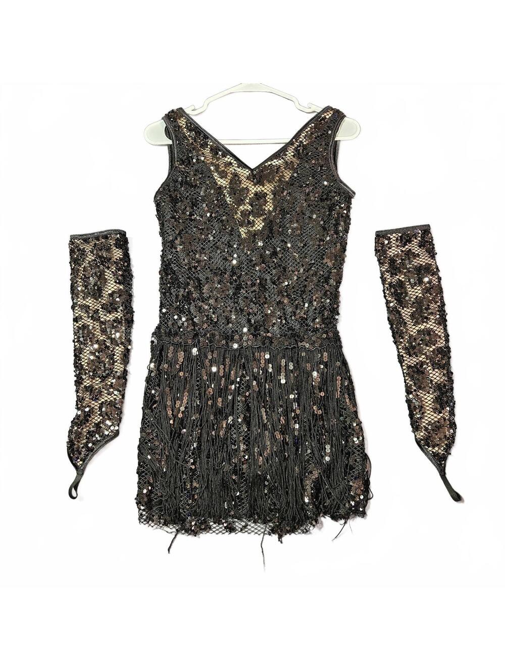 Weissman Women's Adult Large Dance Costume Mini Dress Size Black Sequin Fringe